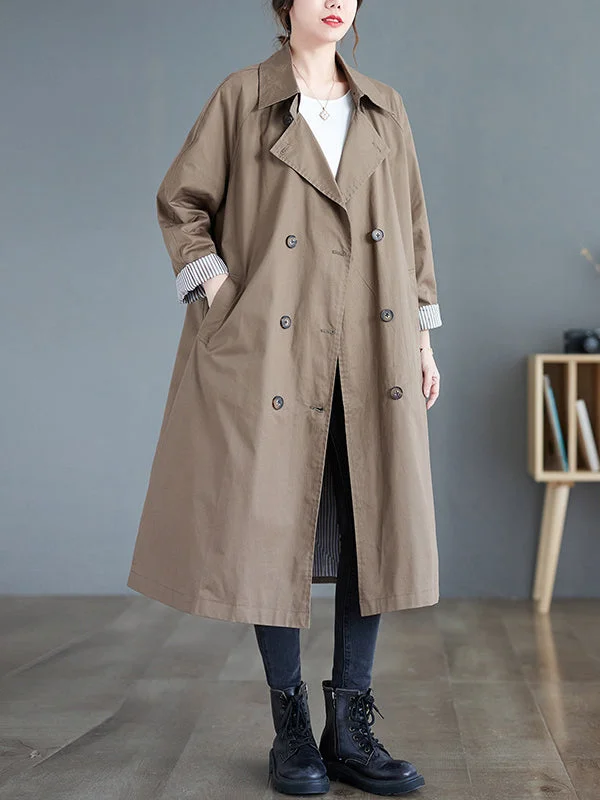 Buttoned Pockets Long Sleeves Roomy Notched Collar Trench Coats