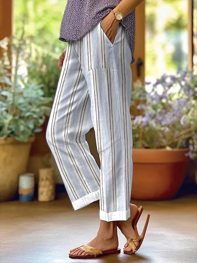 Women's Striped Design Loose Pocket Patchwork Casual Pants socialshop