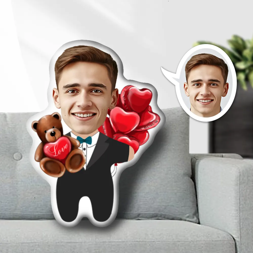 Custom Photo Face Pillow Man Heart Love Bear For Couple Face Pillow, Face Picture Pillow Doll