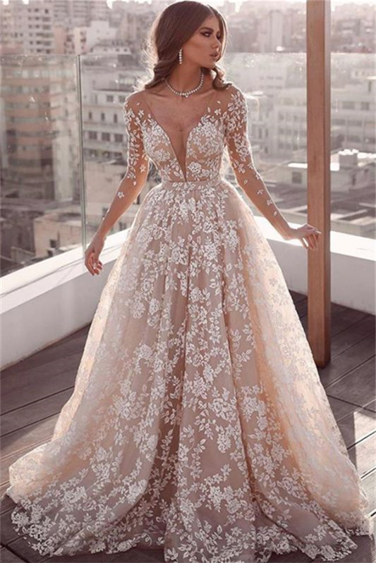 Dresseswow Long Sleeves Tulle Wedding Dress With Lace Appliques V-Neck