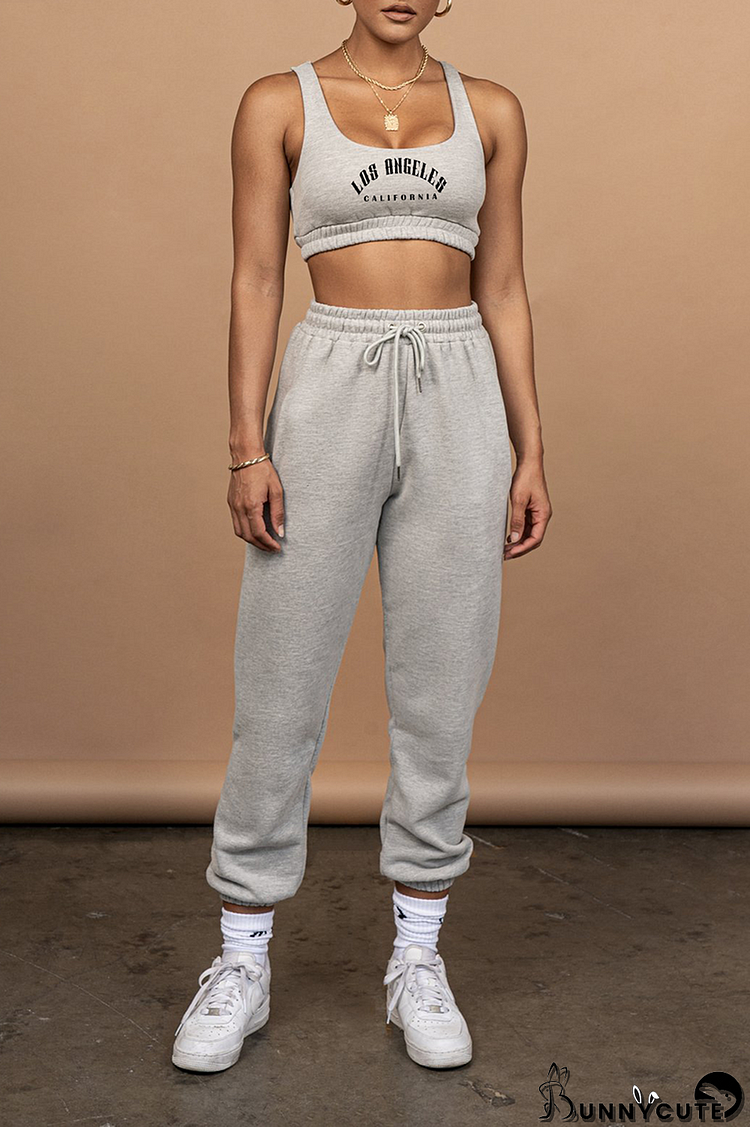 Grey Sportswear Print Patchwork U Neck Sleeveless Two Pieces