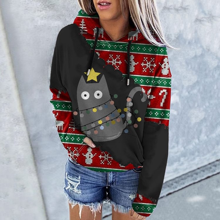 Comstylish Christmas Cat Snowflake Print Hoodie
