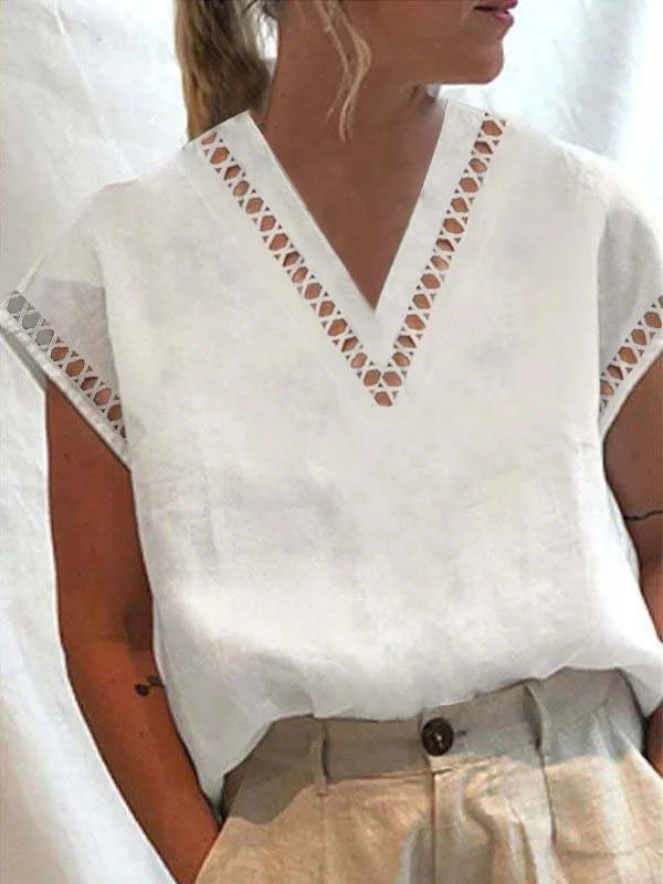 Cotton Linen Lace V-neck Shirt Tops