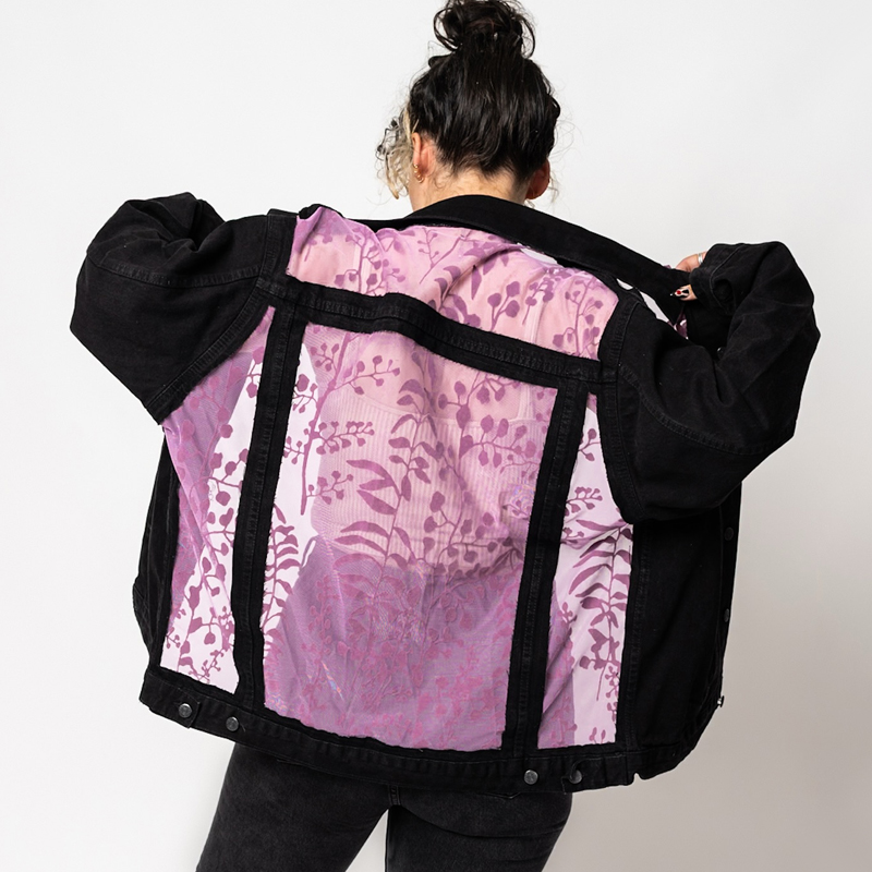 Denim Jacket With Purple Floral Mesh Back Detail