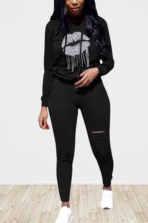 Stylish Casual Printing Hooded Two-Piece - Life is Beautiful for You - SheChoic