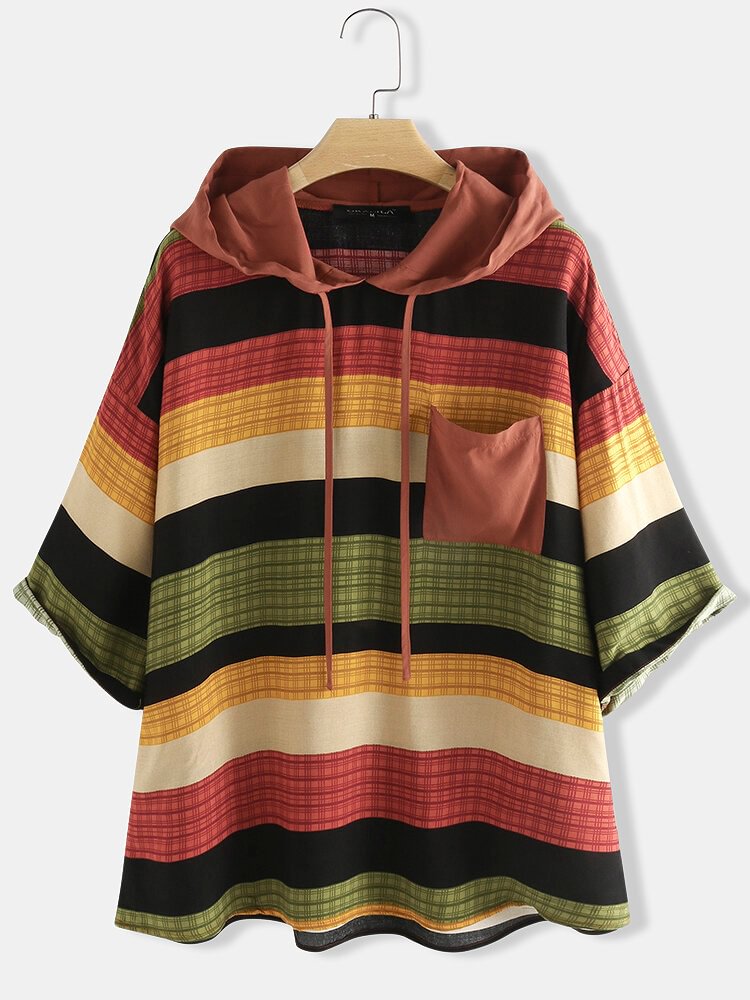 Multi color Plaid Stripe Print 3/4 Sleeve Hooded Blouse P1652055