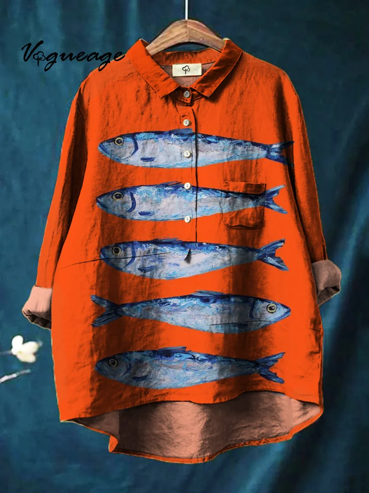 Simple Marine Animal Fish Print Cotton And Linen Shirt