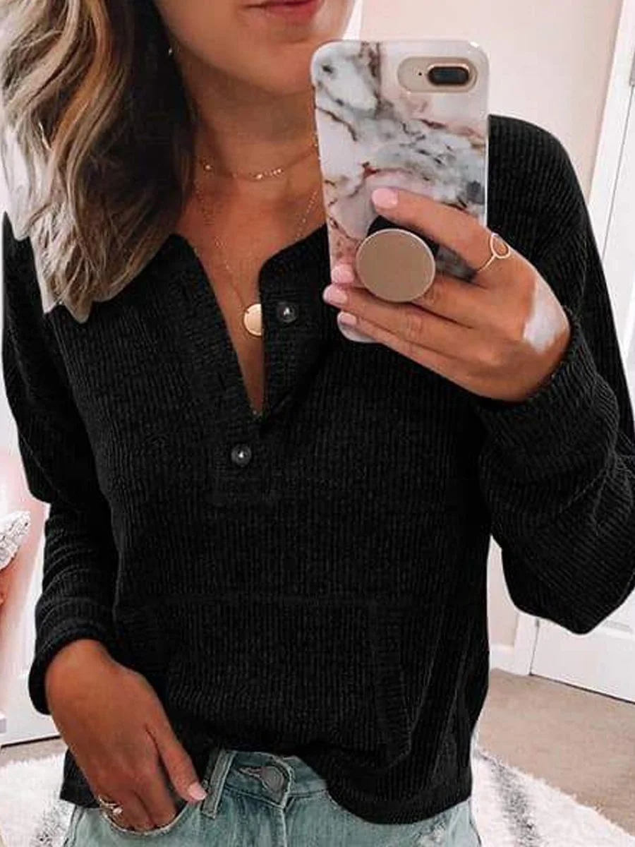 Fashion Button Designed Solid Color Sweater