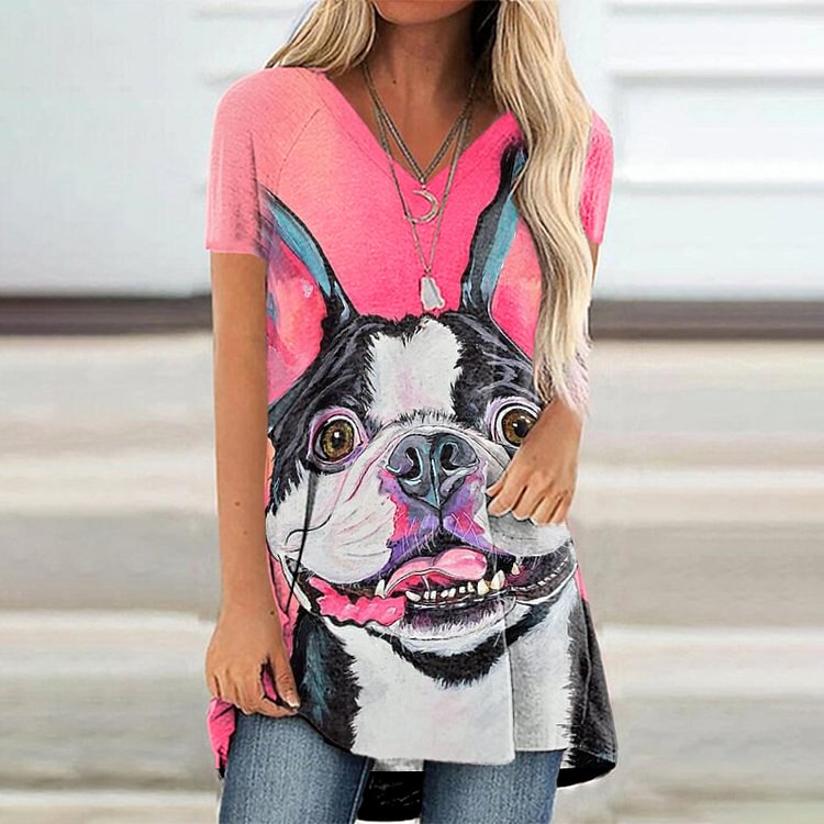 Casual V Neck Dog Print Short Sleeve Tunic
