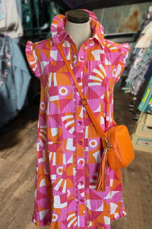 Colorful Print Collared Mini Dress