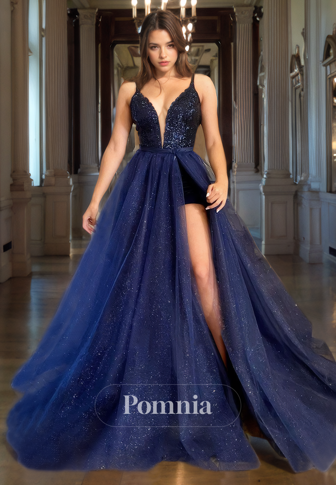 A-Line Spaghetti Straps V-Neck Sleeveless High Slit Empire-Waist Long Prom  Dress