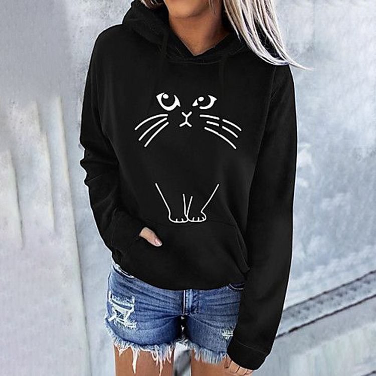 Vefave Cat Print Casual Long Sleeve Hoodie