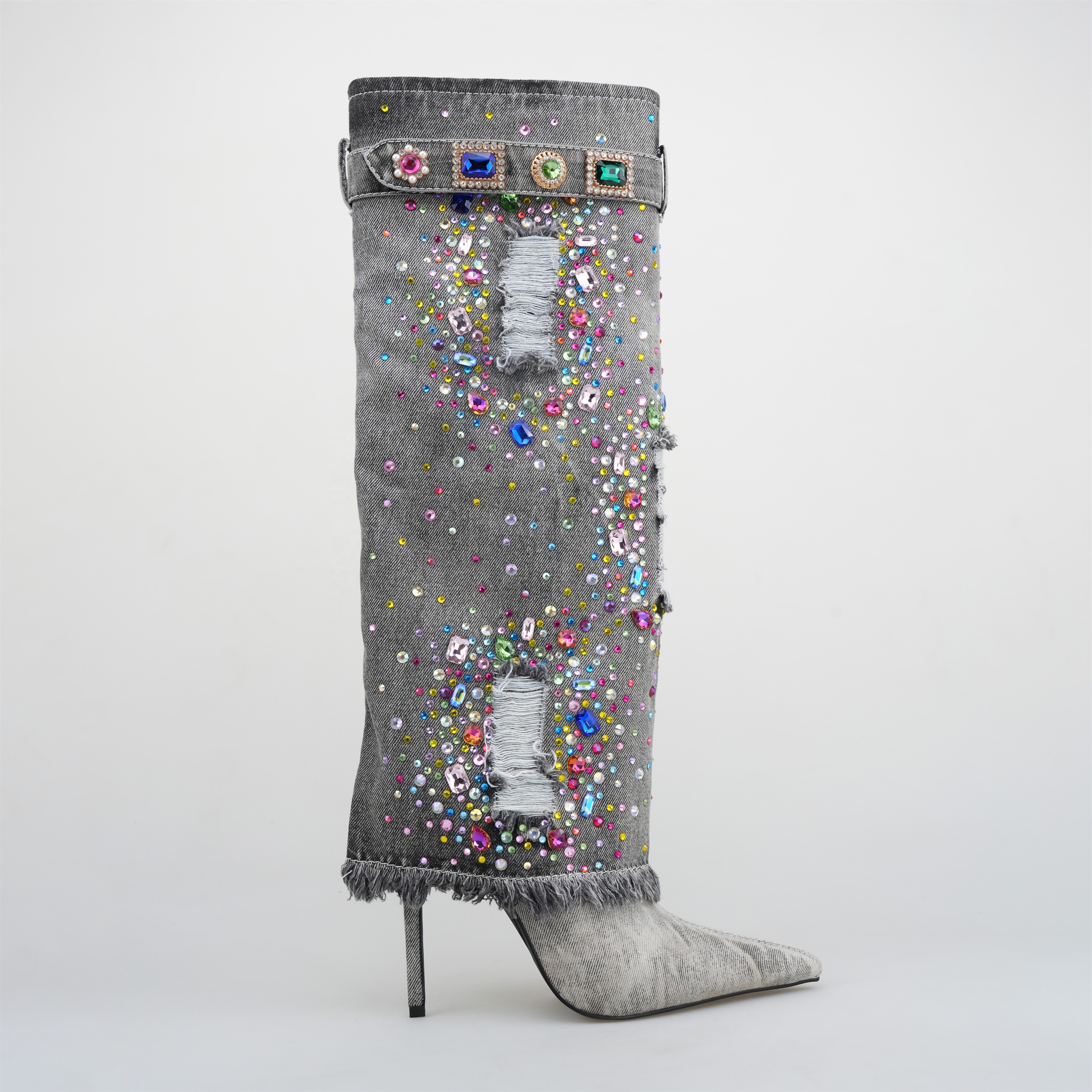 TAAFO Rehine Stone Women High Heel Pointed Toe Denim Boots Over Knee Boots Stiletto Heel
