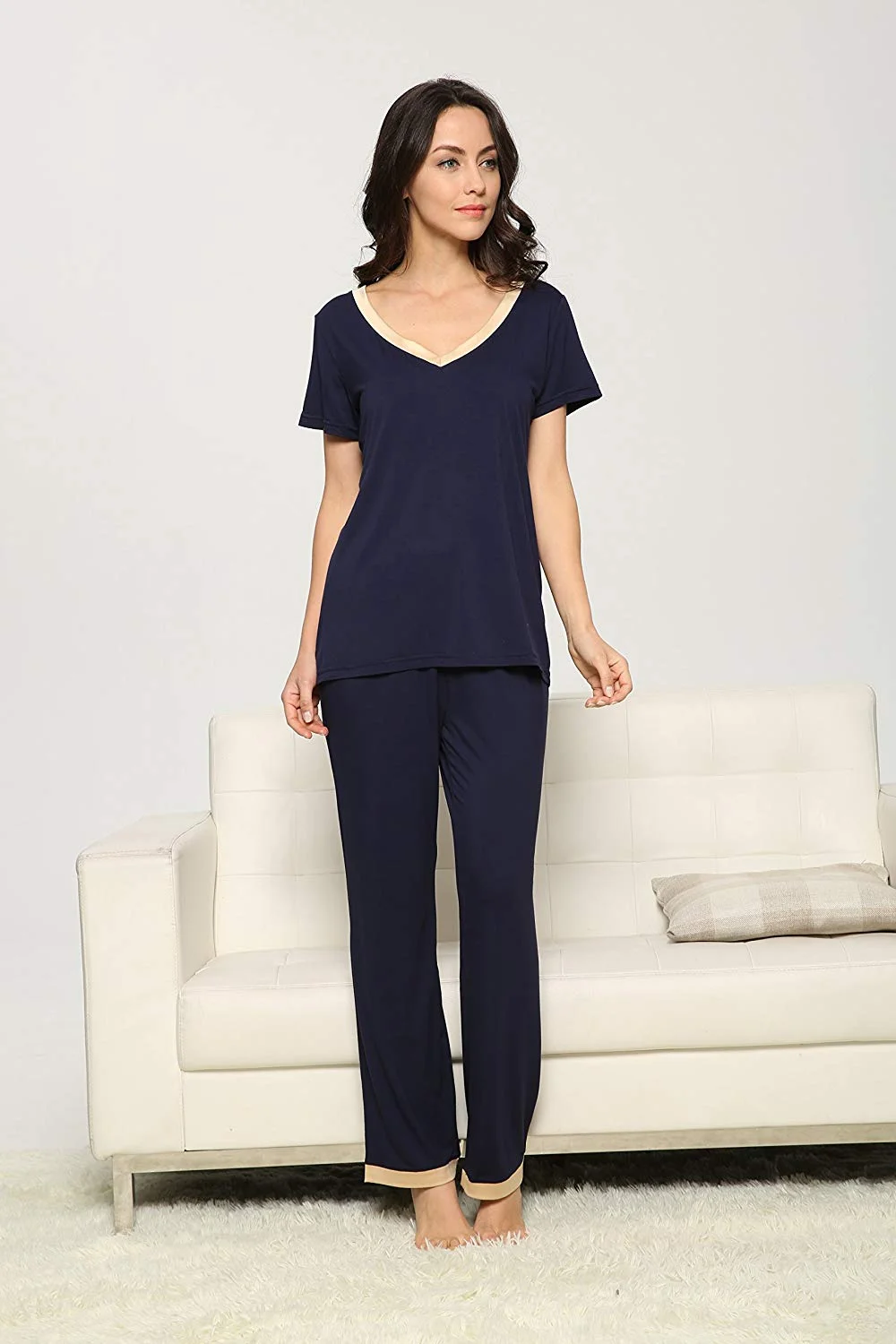 Women's V-Neck Sleepwear Short Sleeves Top with Pants Pajama Set