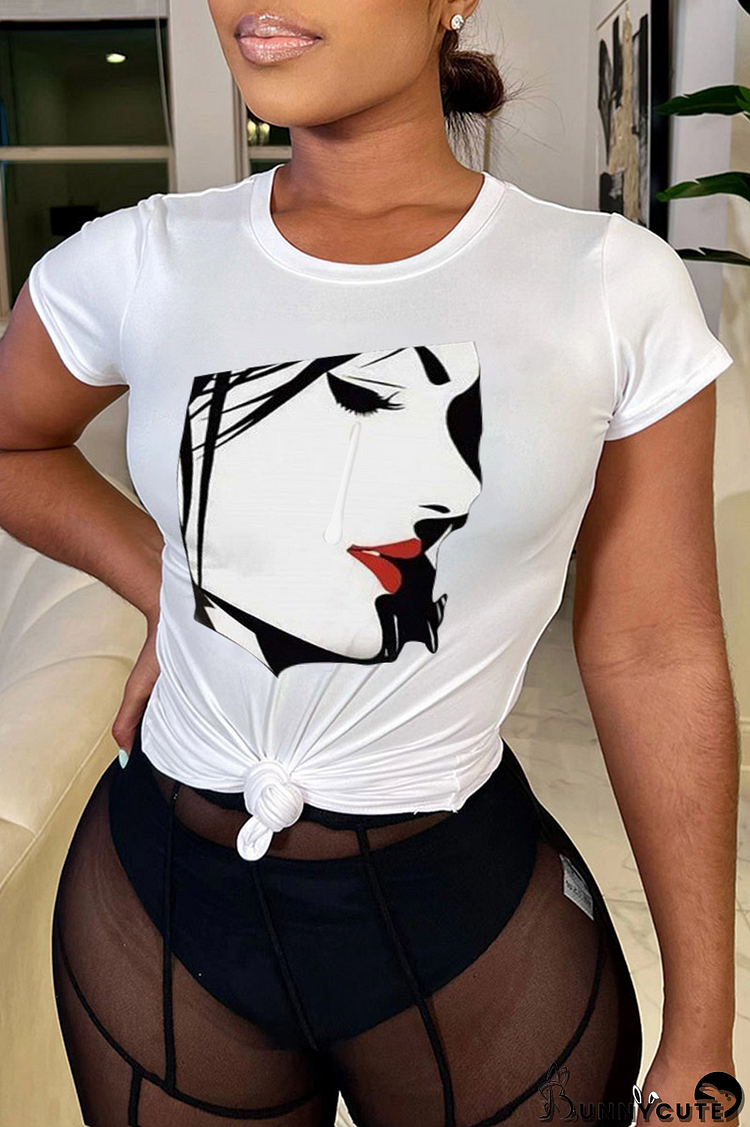 White Fashion Street Print Patchwork O Neck T-Shirts
