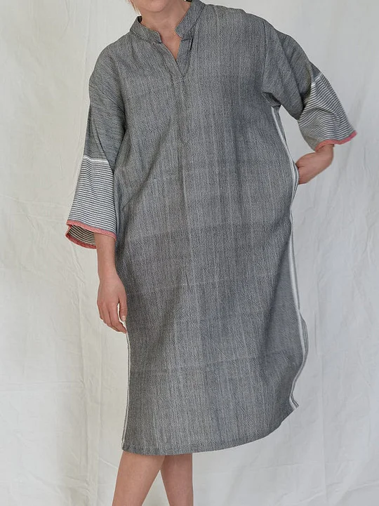 Casual V Neck Stitching Stripe Linen Dress