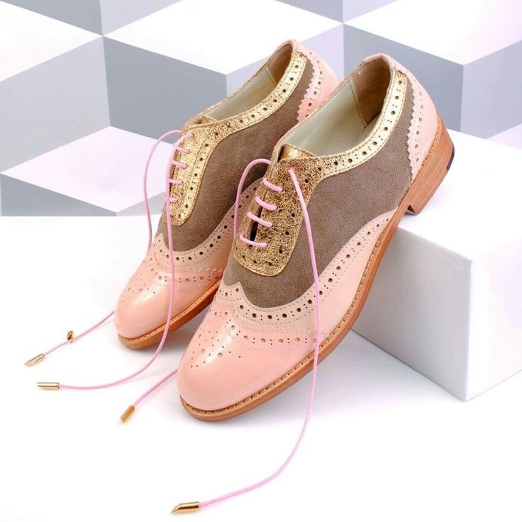 Pink and Brown Wingtip Women's Oxfords Lace up Flat Vintage Brogues |FSJ Shoes