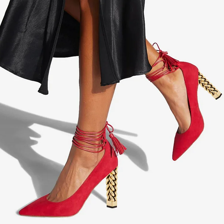 Red Vegan Suede Pointed Toe Strappy Decorative Block Heel Pumps |FSJ Shoes
