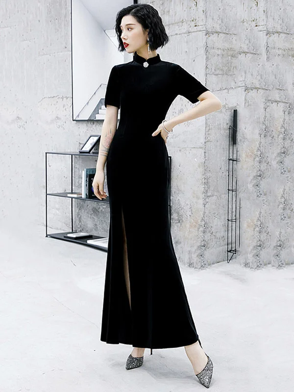 Pure Color Velvet Mermaid Short Sleeve Long Cheongsams