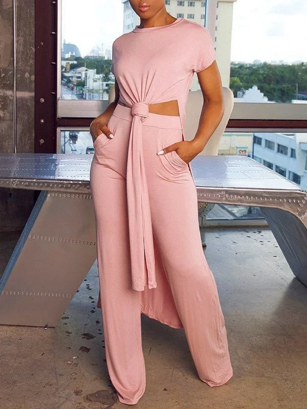 Solid Color Short Sleeves Loose Split-Side Shirts Top&Wide Leg High Waisted Pants Bottom Two Pieces Set