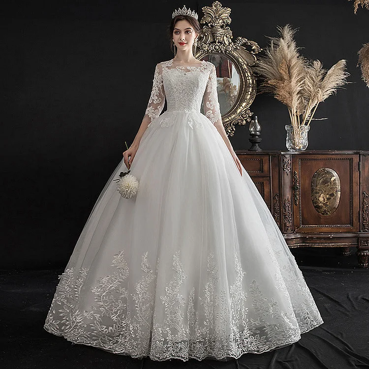Womens Lace Plus Size Wedding Dress With Elbow Sleeves