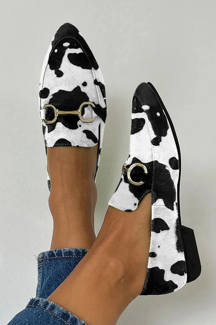 Metallic Buckle Cow Print Stitching Pointy Toe Black Flats