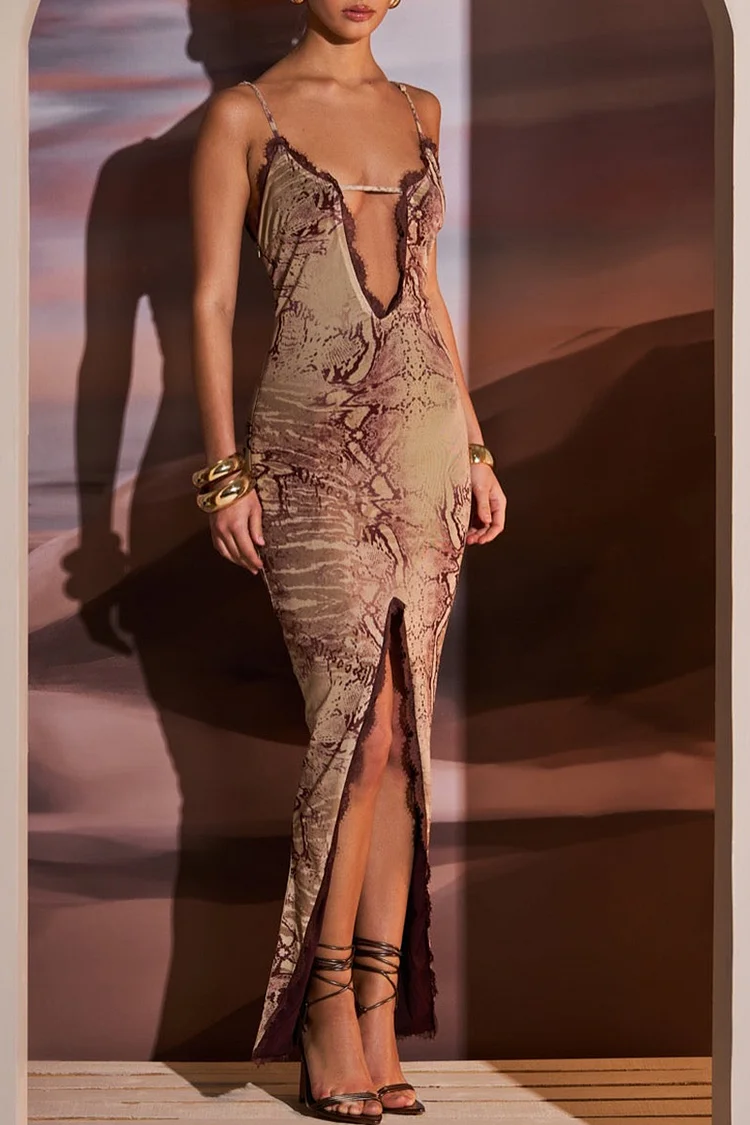 Guipure Lace Tribal Print V Neck Backless Slit Maxi Dresses-Brown [Pre Order]