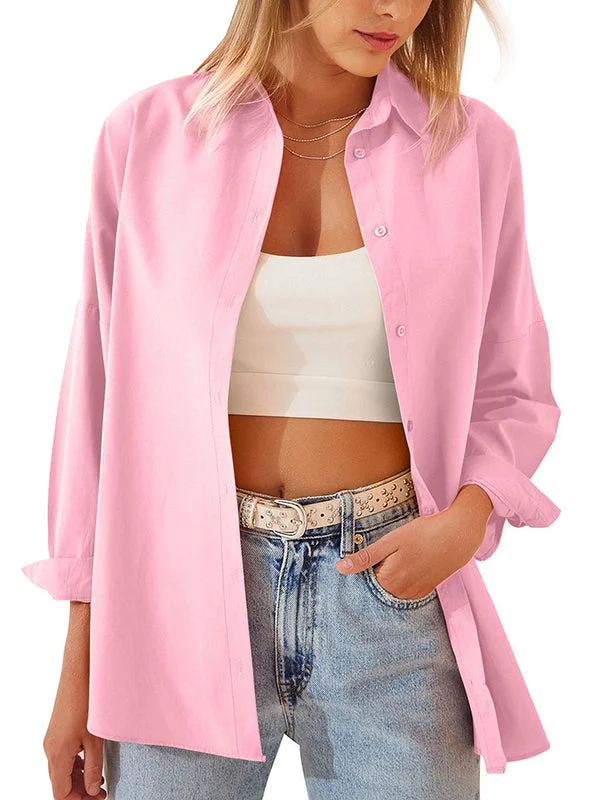 Buttoned Pure Color Long Sleeves Roomy Lapel Blouses&Shirts Tops