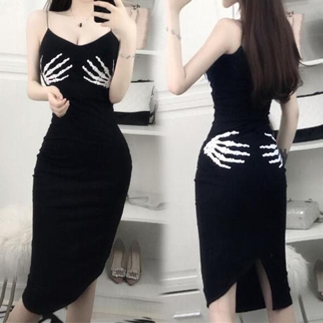 Black Gothic Bones Suspender Dress SP1811934