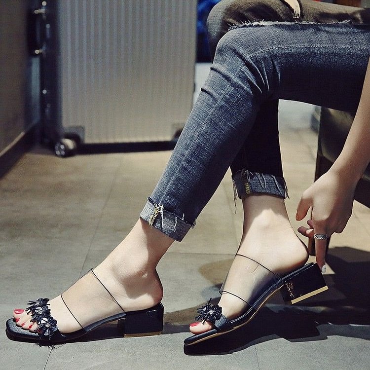 Black Open Toe Flower Block Heels Clear Mule Sandals |FSJ Shoes