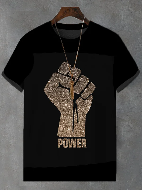Men's Black Power Fist Graphic Print Casual T-Shirt