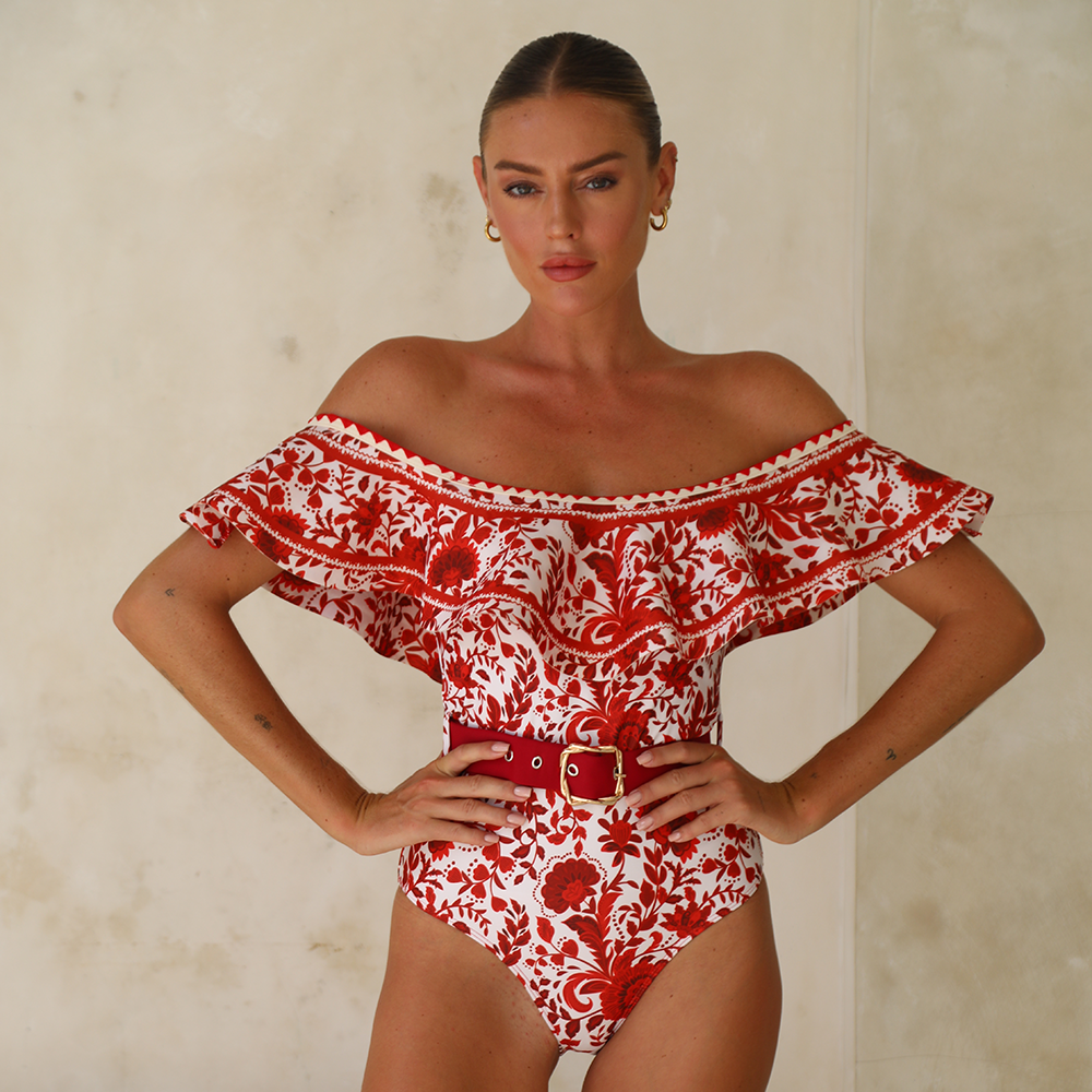 Bandeau Ruffled Red Flower Silhouette Print One Piece