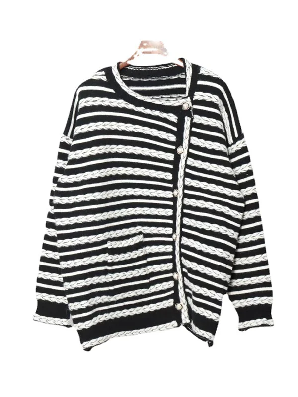 Casual Long Sleeves Roomy Buttoned Striped Asymmetric Round-Neck Sweater Cardigan Tops