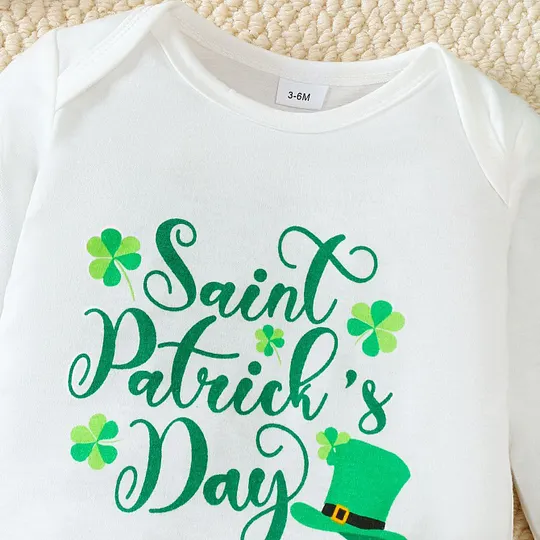 【0M-18M】Unisex St. Patrick's Day Letter Print Cute Top + All-Over Shamrock Print Pants Set