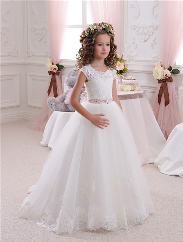 Dresseswow Cap Sleeves Lace Flower Girl Dress Tulle With Belt