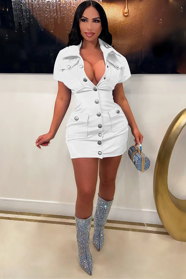 Button Up Turndown Collar Short Sleeve Pocket Bodycon Mini Dress