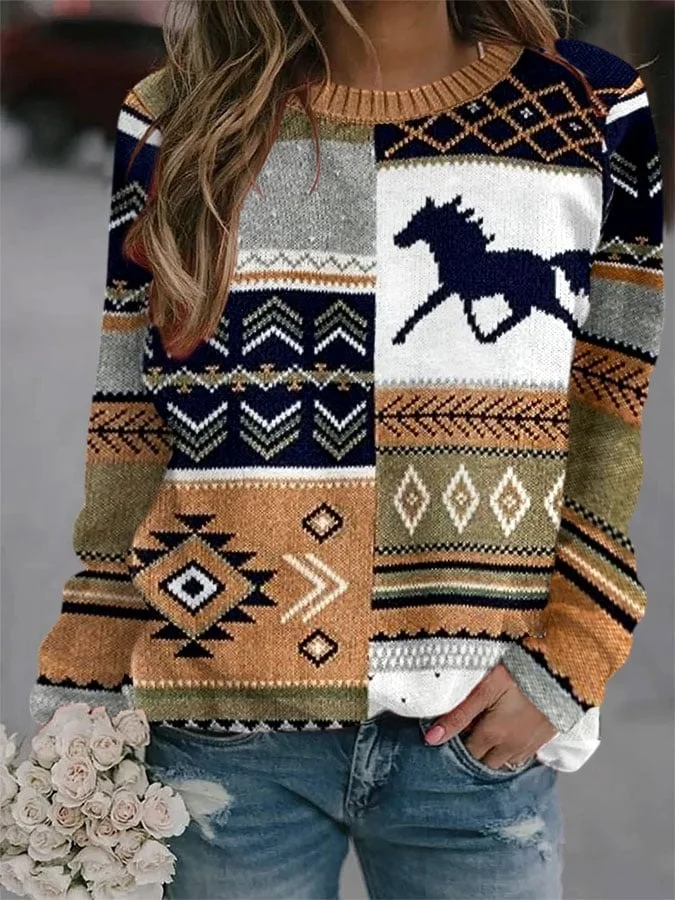 Women's Retro Western Horse Sweater Printed Sweatshirt
