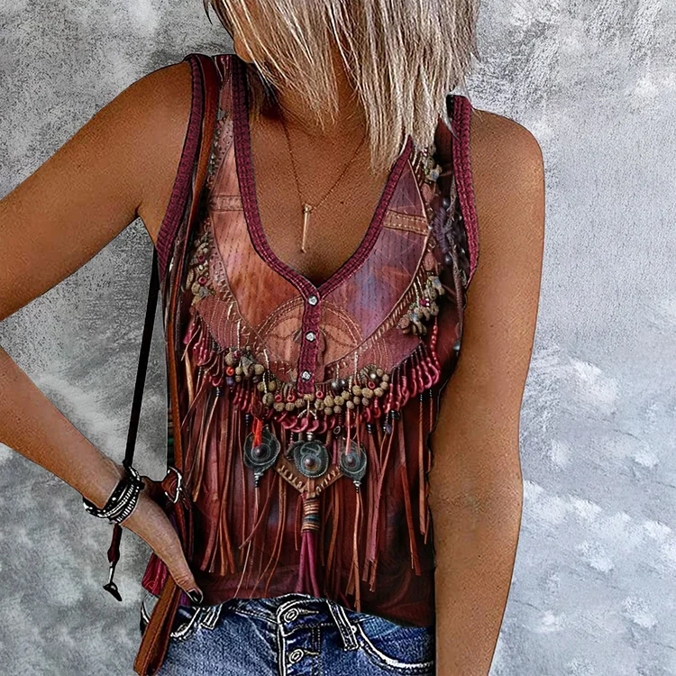 Comstylish Women's Western Tassel Printed Button V-Neck Tank Top