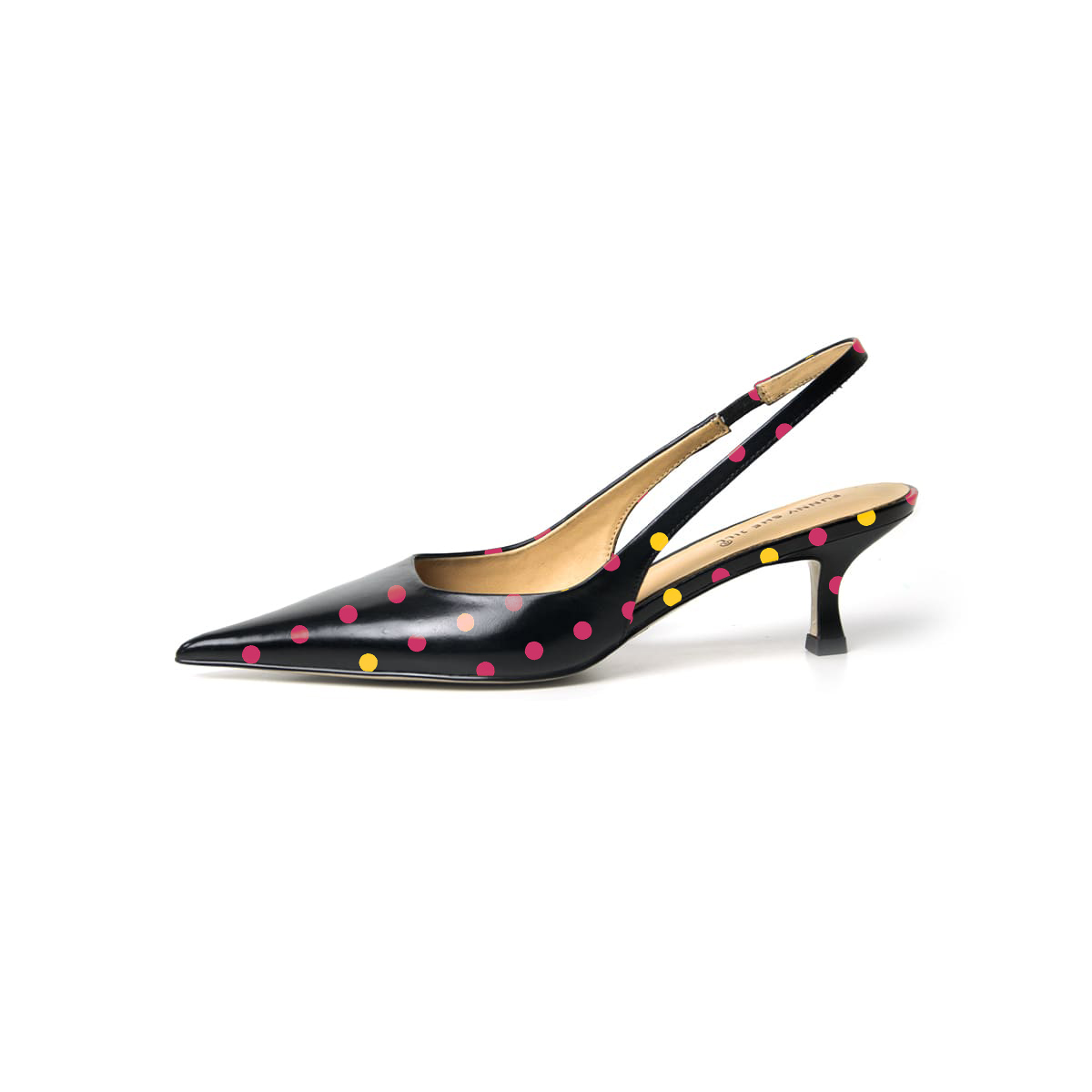 Black Patent Leather Pointed Toe Elegant Kitten Heel With Dots Pattern
