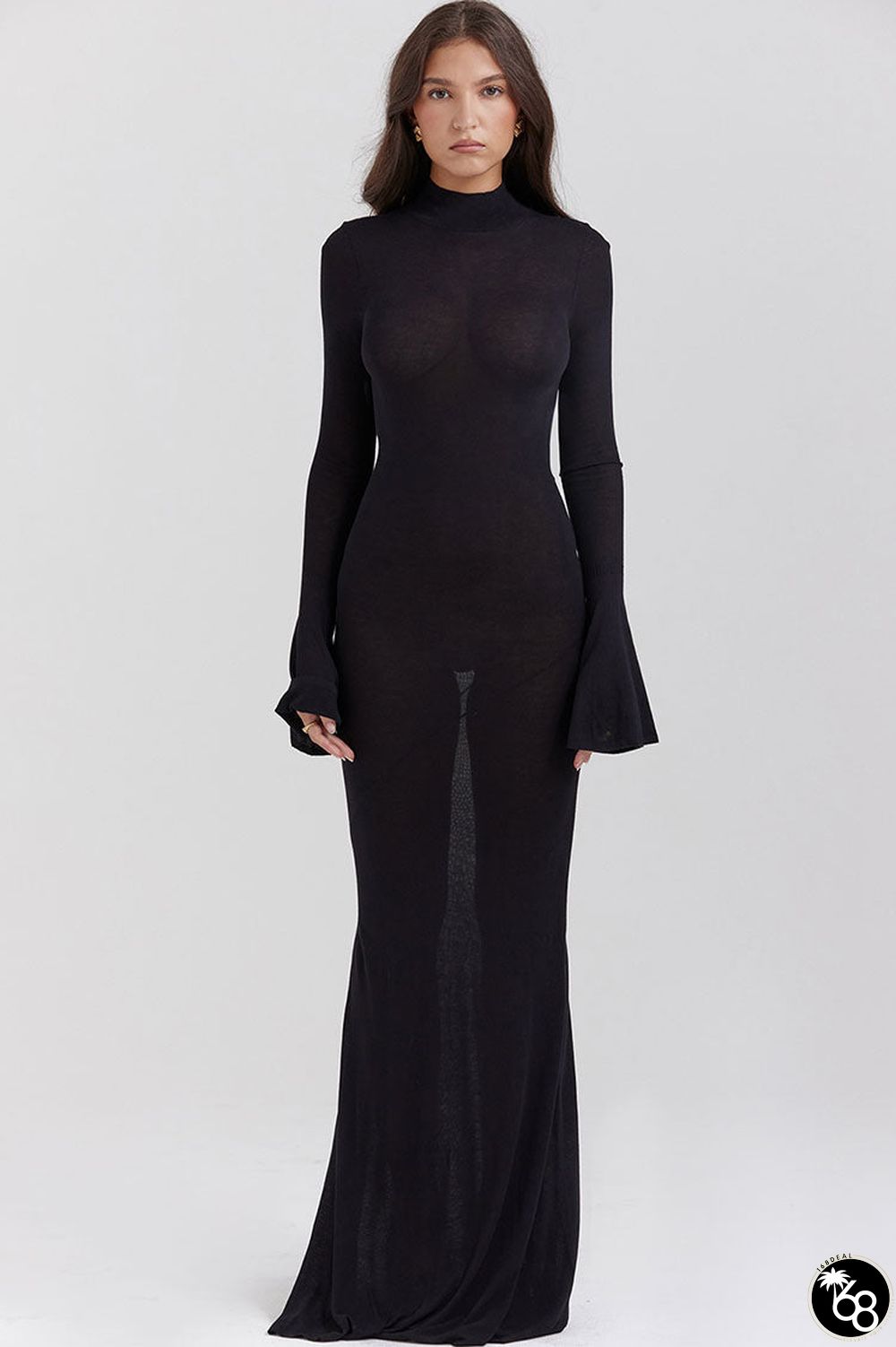 Sexy Cutout Back Mock Neck Bell Sleeve Fishtail Evening Maxi Dress - Black | 168DEAL