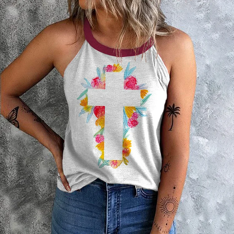 Floral Cross Easter Print Tank Top
