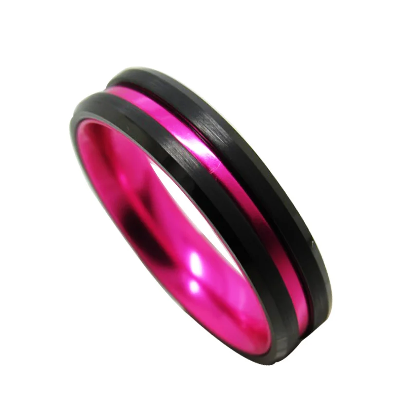Womens Tungsten Carbide Wedding Band With Chamfered Sand Surface Black Inner Rose Red Aluminum Rings