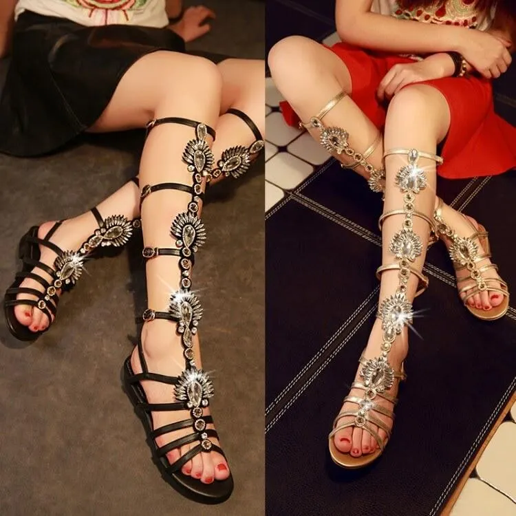 VCSHOES Rhinestone Cutout Flat Gladiators Sandals