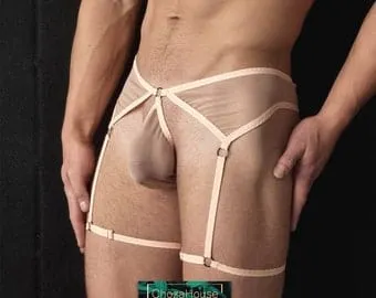 pornhint Pornhint Beige Sexy Panties with Garters, Men See Through Lingerie, Sexy Thongs for Men, Men Lingerie, Sexy panties for Men, Penis Harness, Tanga