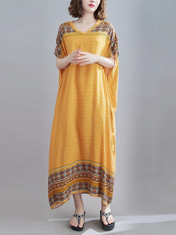 Original Cotton Blend Print V-Neck Maxi Dress