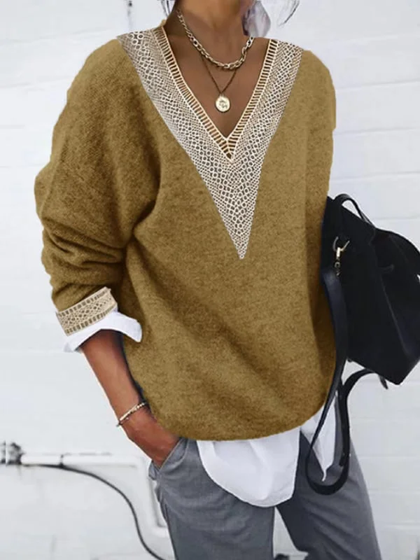 Women'S Autumn And Winter Long Sleeve Lace Collar Solid Color Knitwear.