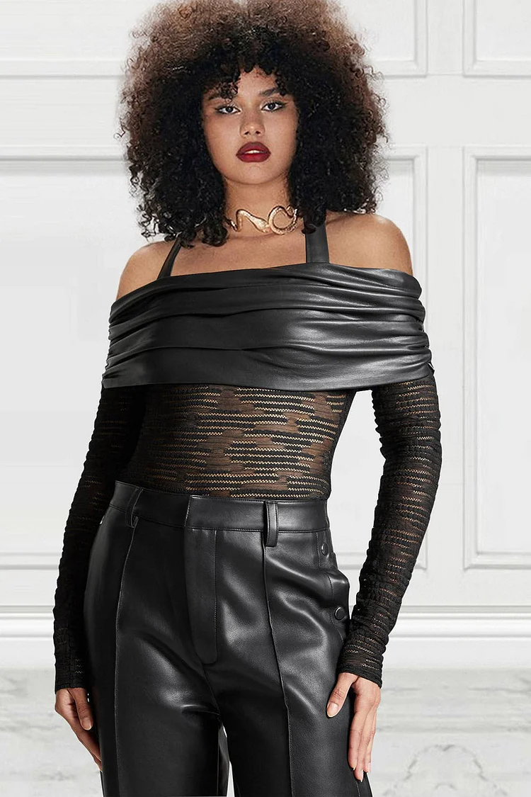 Plus Size Daily Top Black PU Leather Off-Shoulder See-Through Top [Pre-Order]