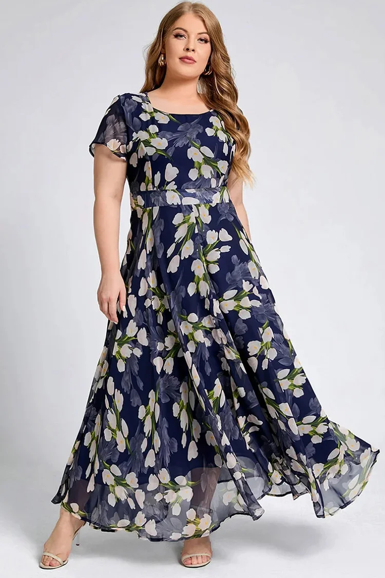 Plus Size Casual Navy Blue Floral Print Short Sleeve A Line Tunic Maxi Dress  Flycurvy [product_label]