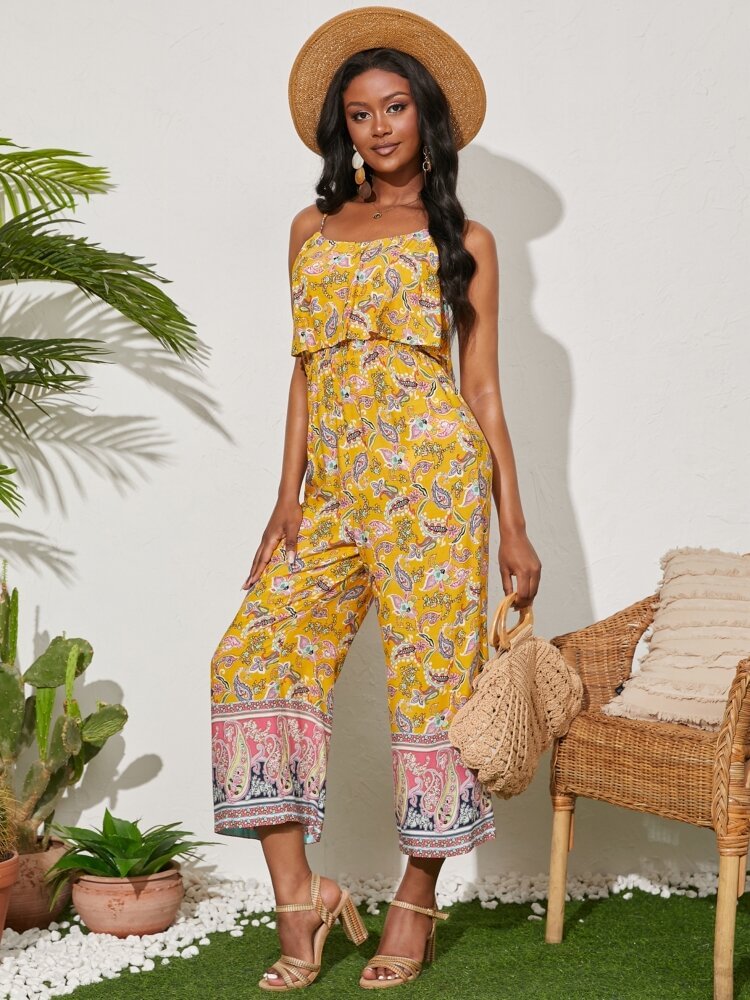 Paisley Print Backless Off The Shoulder Strap Wide Leg Jumpsuit
