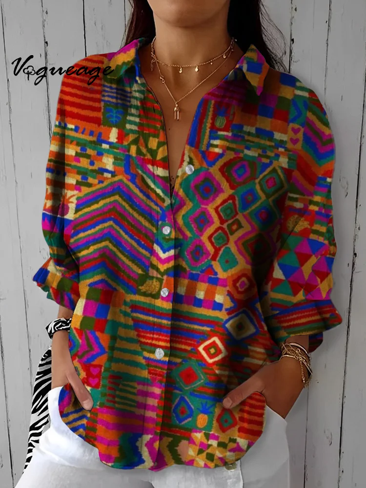 Beautiful Ethnic Style Pattern Printed Three-Quarter Sleeves Cotton And Linen Shirt